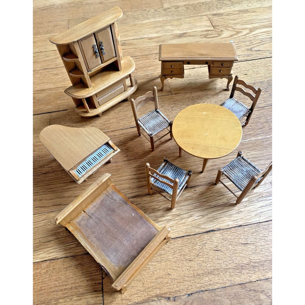 Vintage Miniatures Dollhouse Furniture, Wood, Desk Piano Bed Table (Lot of 9)
